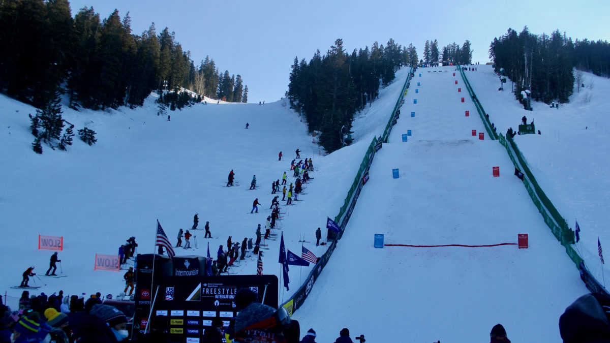 Skiers at Deer Valley Resort stop to watch the FIS World Cup Moguls Finals earlier in January.