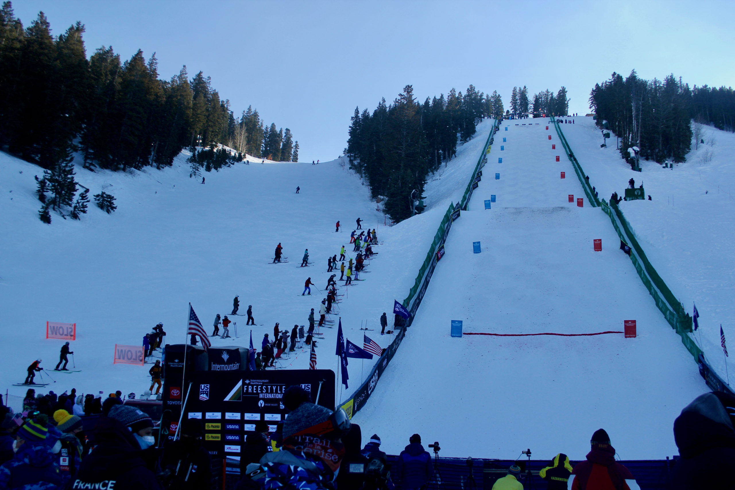 Skiers at Deer Valley Resort stop to watch the FIS World Cup Moguls Finals earlier in January.