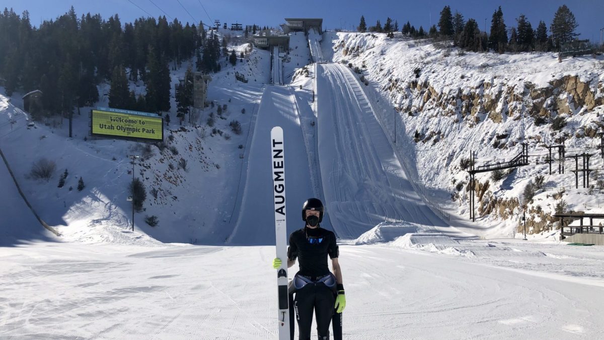 2022 Beijing Nordic Combined Olympian, Park City's Jared Shumate just before flying to China, at the Utah Olympic Park.