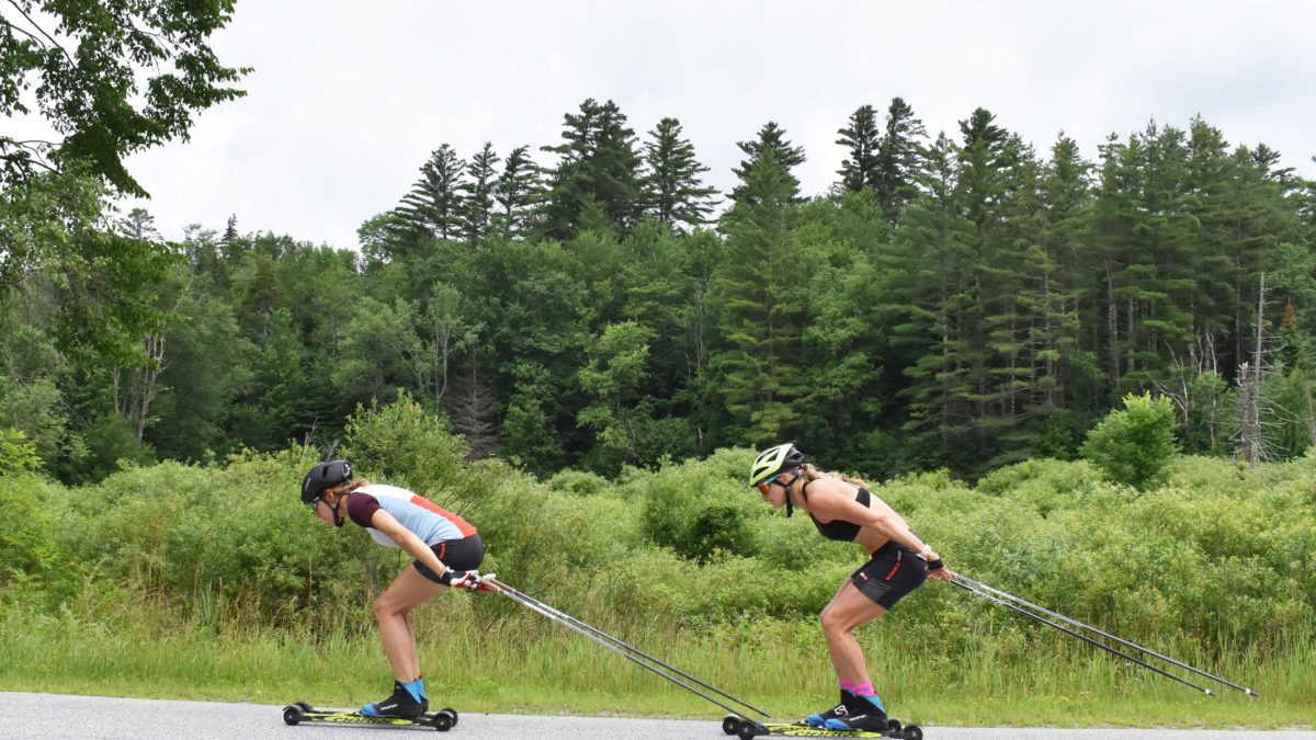 Sophie Caldwell, Jessie Diggins Cross Country training at Stratton, Vermont.