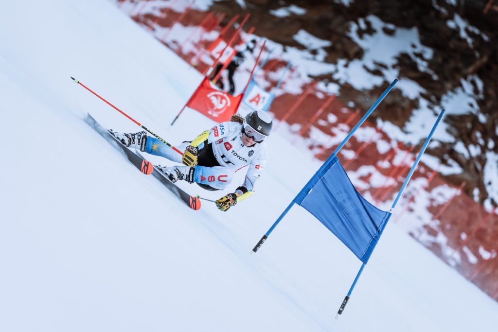 Paula Moltzan takes some final turns in the Soelden, Austria "Ice Box" prior to an FIS Ski World Cup opener, and first official Olympic qualifying event in October 2021.