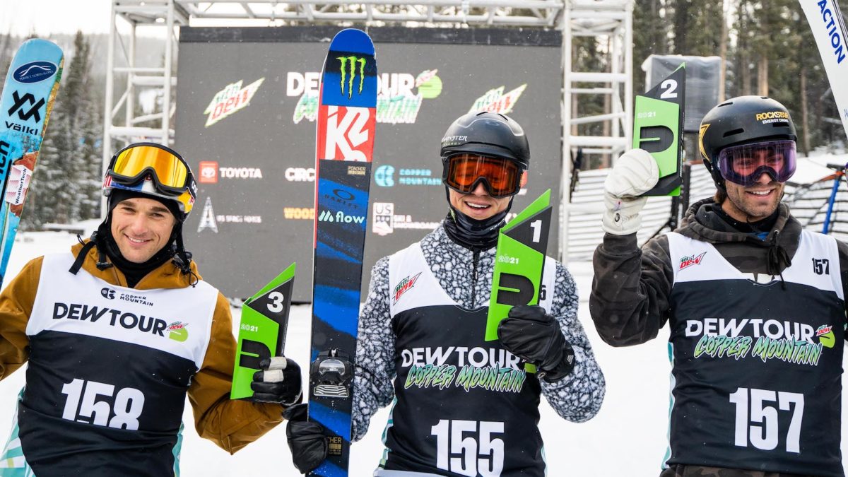 (left to right) Nick Goepper, Colby Stevenson, and Alex Hall made up the men's slopestyle podium at the Dew Tour at Copper Mountain in December.