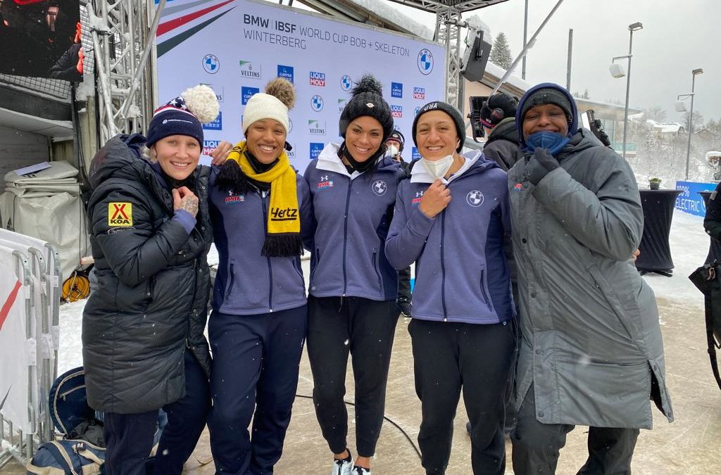 (Left to right) Kaillie Humphries, Sylvia Hoffman, Kaysha Love, Elana Meyers Taylor, and Aja Evans at the finish dock in Winterberg after the second heat.