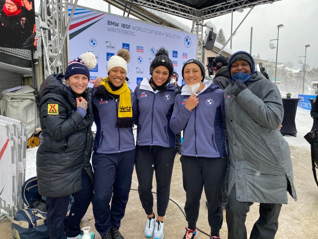 (Left to right) Kaillie Humphries, Sylvia Hoffman, Kaysha Love, Elana Meyers Taylor, and Aja Evans at the finish dock in Winterberg after the second heat.