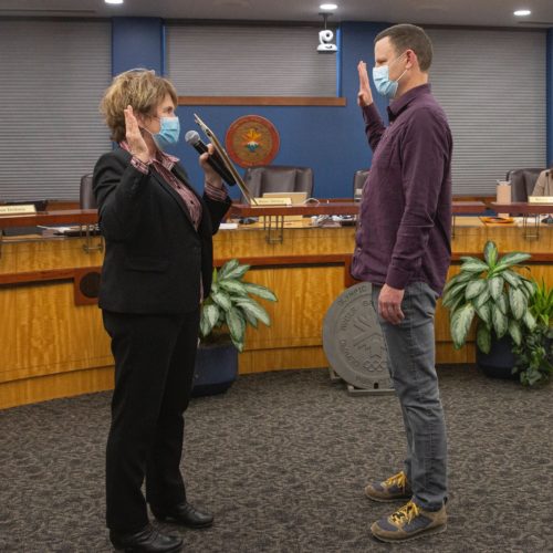 Ryan Dickey being sworn in at the beginning of the Park City Council meeting on Thursday.