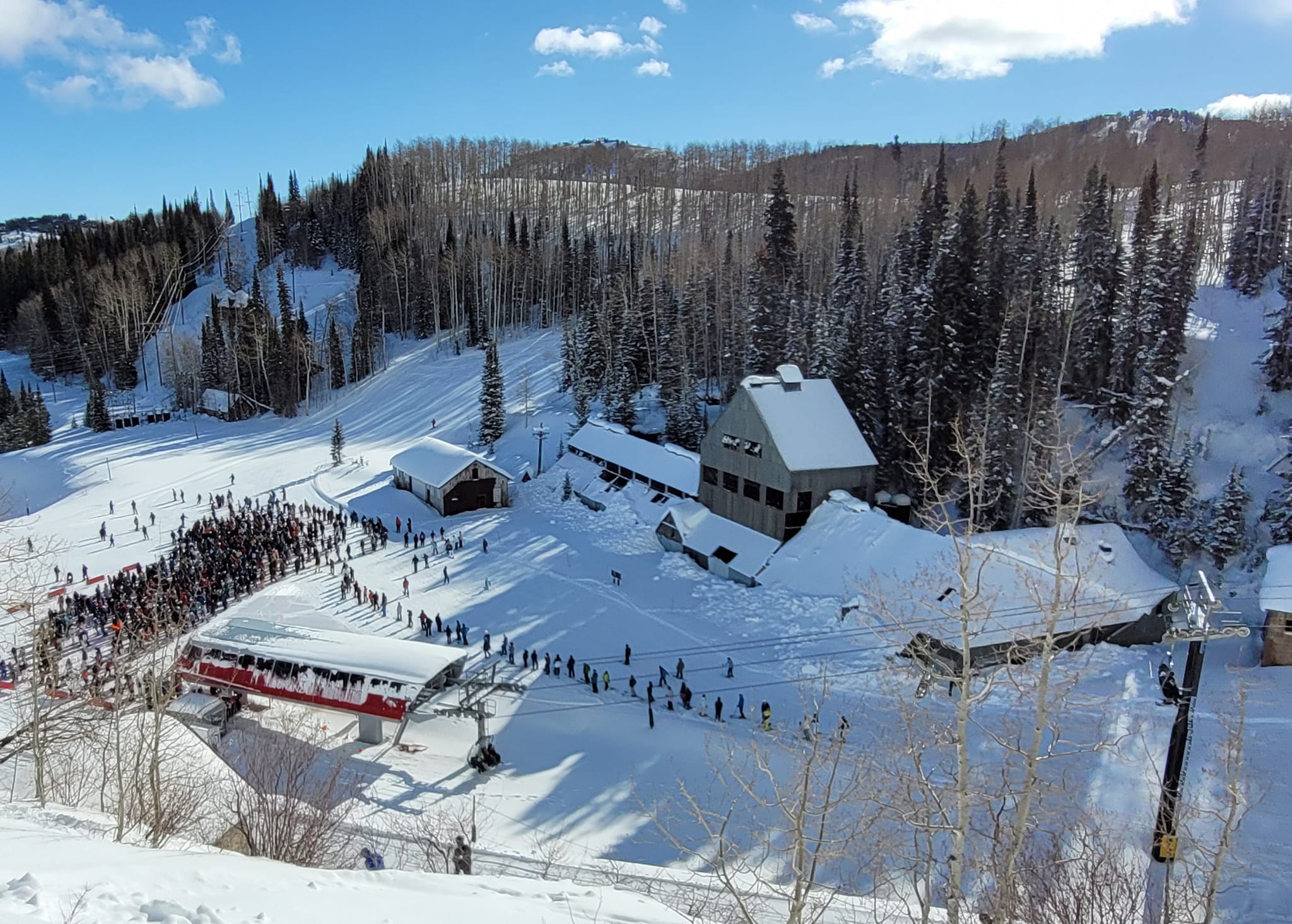 The Bonanza lift line at Park City Mountain around 12:30 pm on Jan. 8 (Sat.).