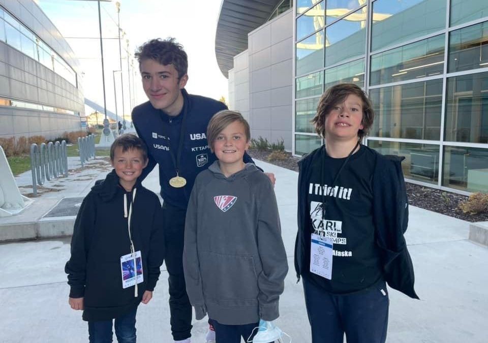 Youth Sports Alliance ambassador Casey Dawson at the Utah Olympic Oval this summer mentoring (L to R) Donovan Toly, Liam Demong, whose father is also an Olympian, and Roscoe Maxwell of the Park City Ski and Snowboard Nordic Club, another Youth Sports Alliance Team.