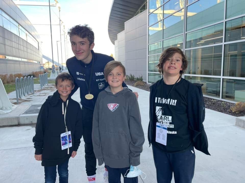 Youth Sports Alliance ambassador Casey Dawson at the Utah Olympic Oval this summer mentoring (L to R) Donovan Toly, Liam Demong, whose father is also an Olympian, and Roscoe Maxwell of the Park City Ski and Snowboard Nordic Club, another Youth Sports Alliance Team.