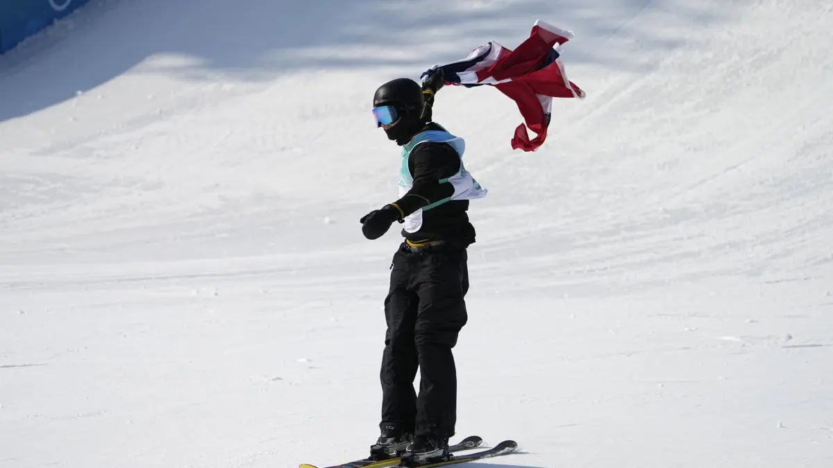Birk Ruud of Norway celebrates after a "nice" run at the men's freestyle skiing big air finals.