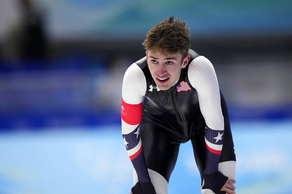 Casey Dawson of the United States reacts after competing in the men's speedskating 1,500-meter race at the 2022 Winter Olympics, Tuesday, Feb. 8, in Beijing.