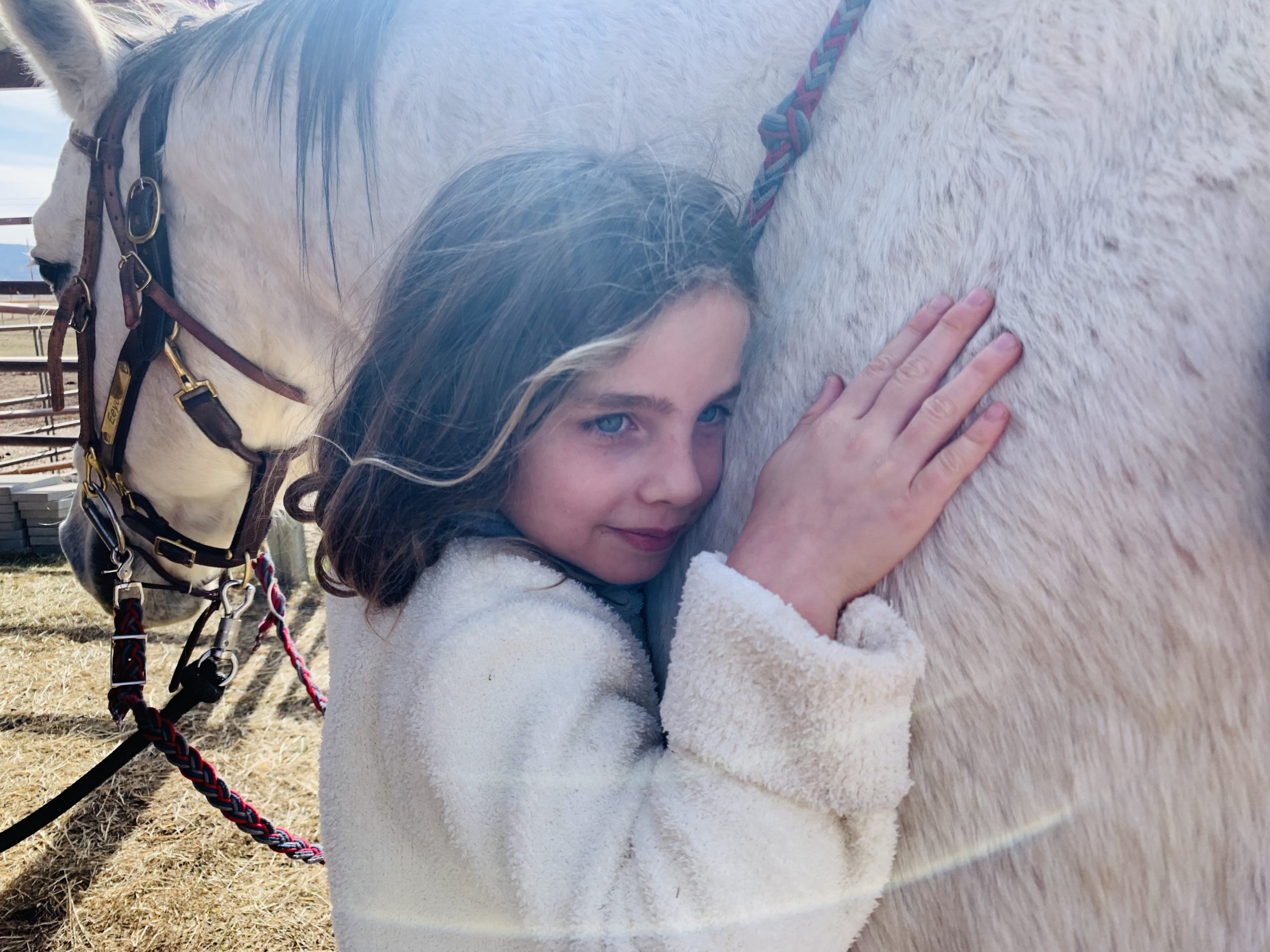 REINS at Saddleview provides women and girls scholarships for its equine therapy programs. Here, a young one gives Eeyore a hug.