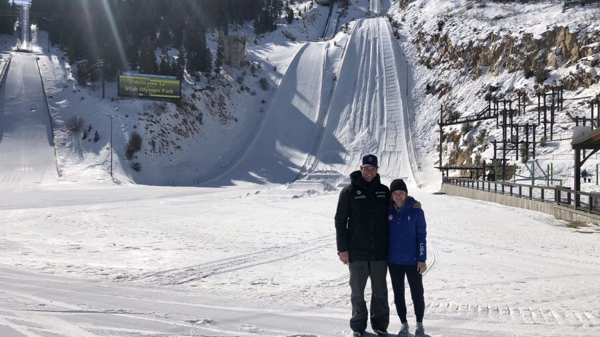 Coach Blake Hughes and Olympian ski jumper Anna Hoffmann at the Utah Olympic Park.