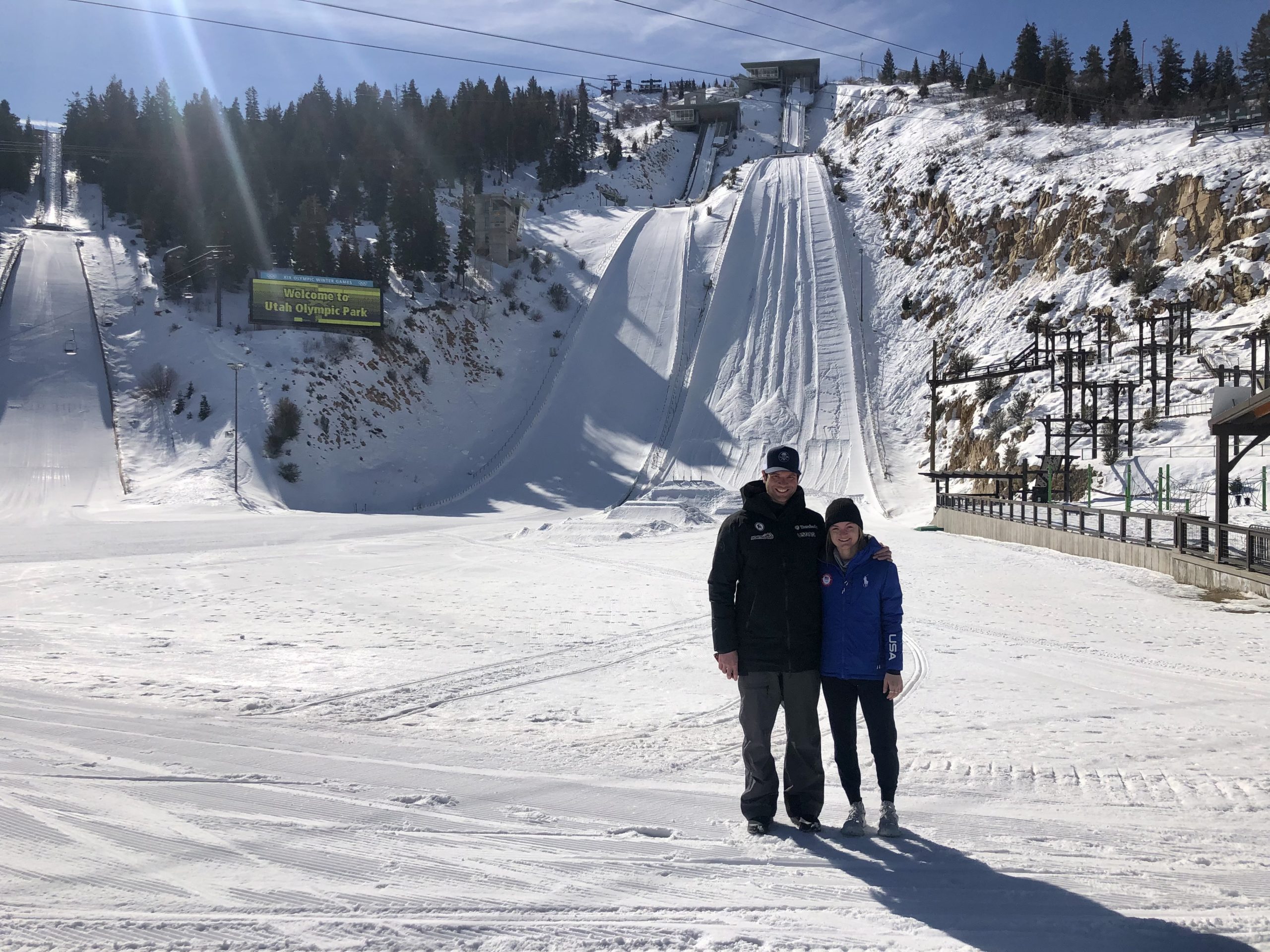 Coach Blake Hughes and Olympian ski jumper Anna Hoffmann at the Utah Olympic Park.