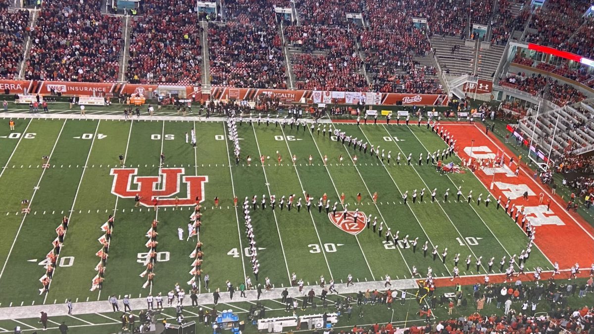 Utah marching band in a "22" formation during a Utah Football game.