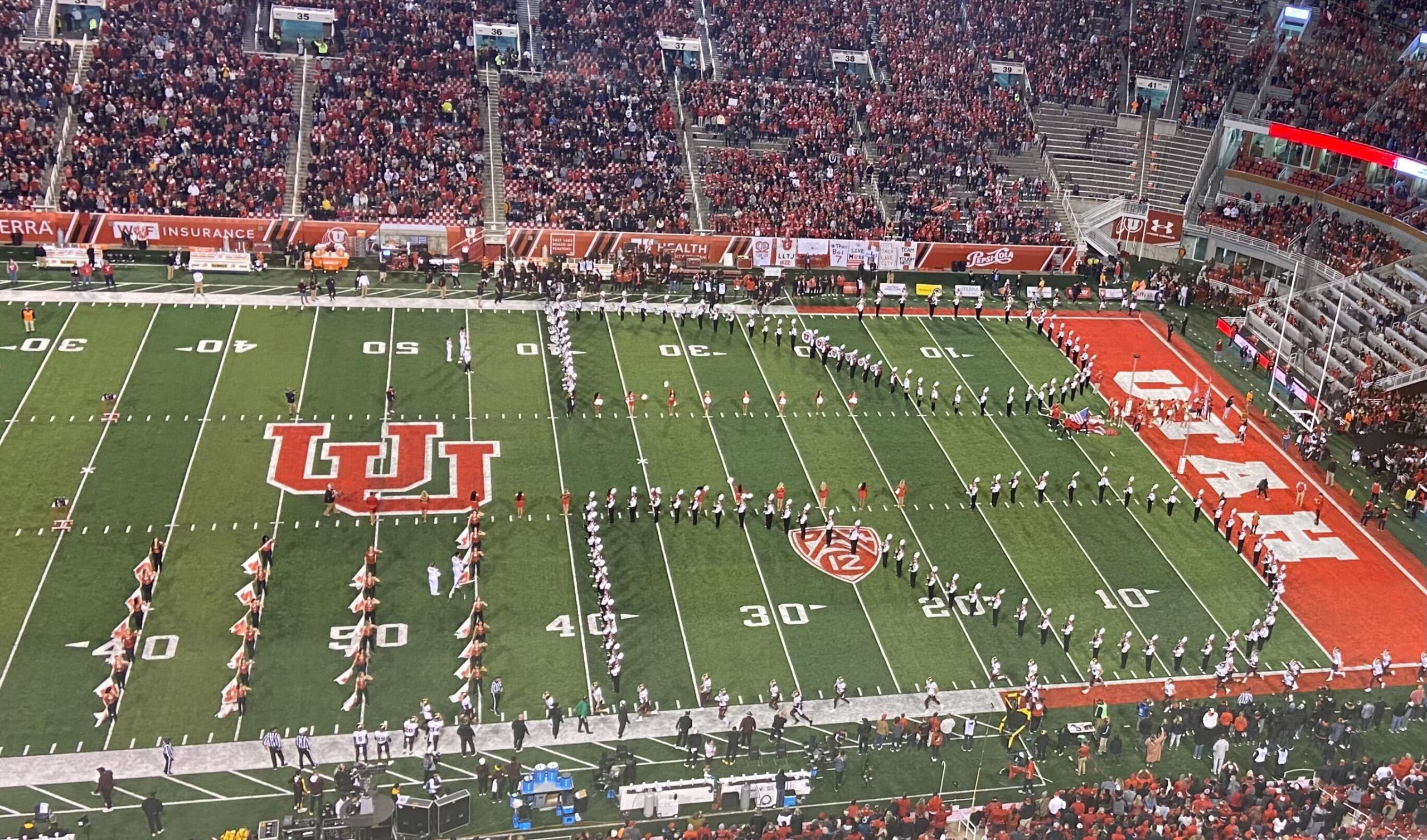 Utah marching band in a "22" formation during a Utah Football game.