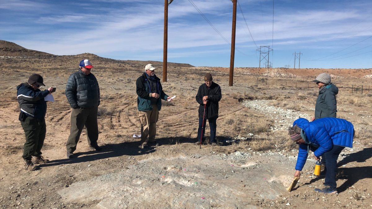 Members of the Utah Friends of Paleontology Moab-based Gastonia Chapter and a BLM paleontologist visit the Mill Canyon Dinosaur Tracksite on Saturday, February 5.