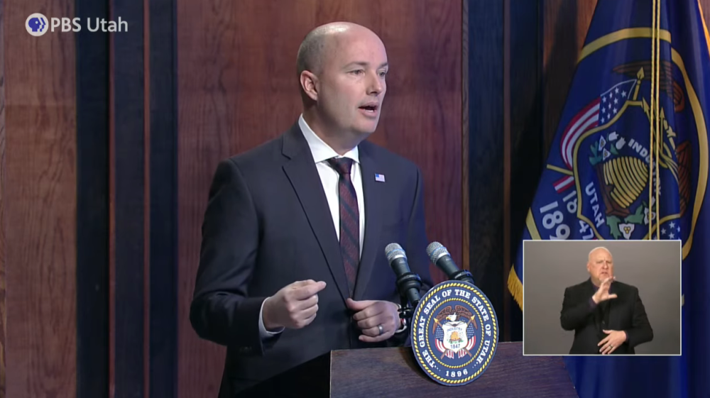 Utah Governor Spencer Cox speaks during his monthly news conference in February 2022.