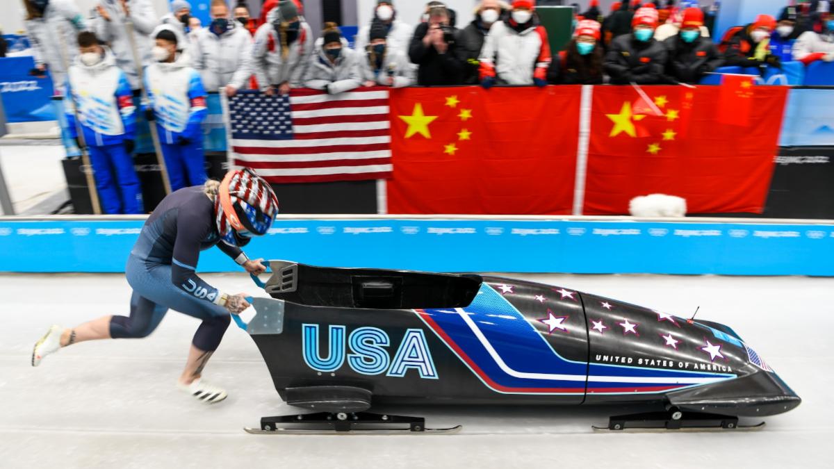 Kaillie Humphries sliding monobob in the Beijing Olympics.
