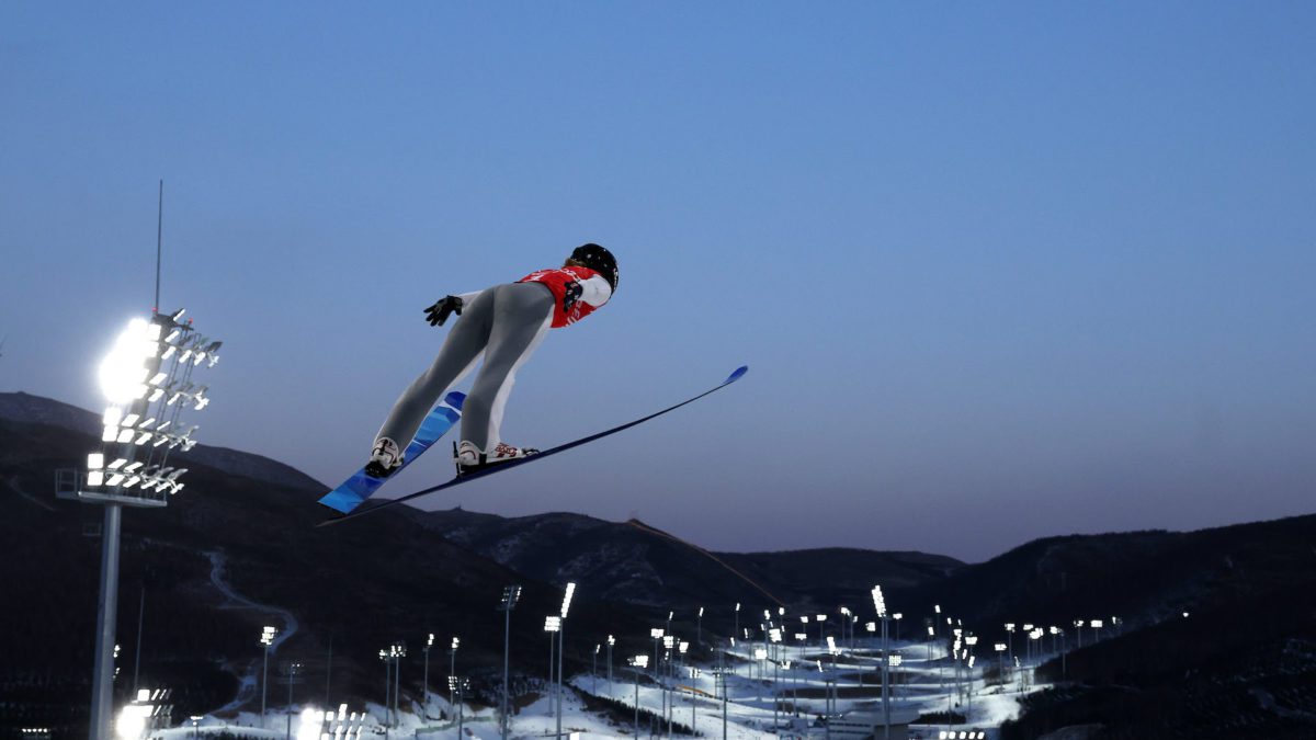 Anna Hoffmann of Team USA jumps during the Women's Normal Hill official Training at Zhangjiakou National Ski Jumping Centre on February 03, 2022 in Zhangjiakou, China.