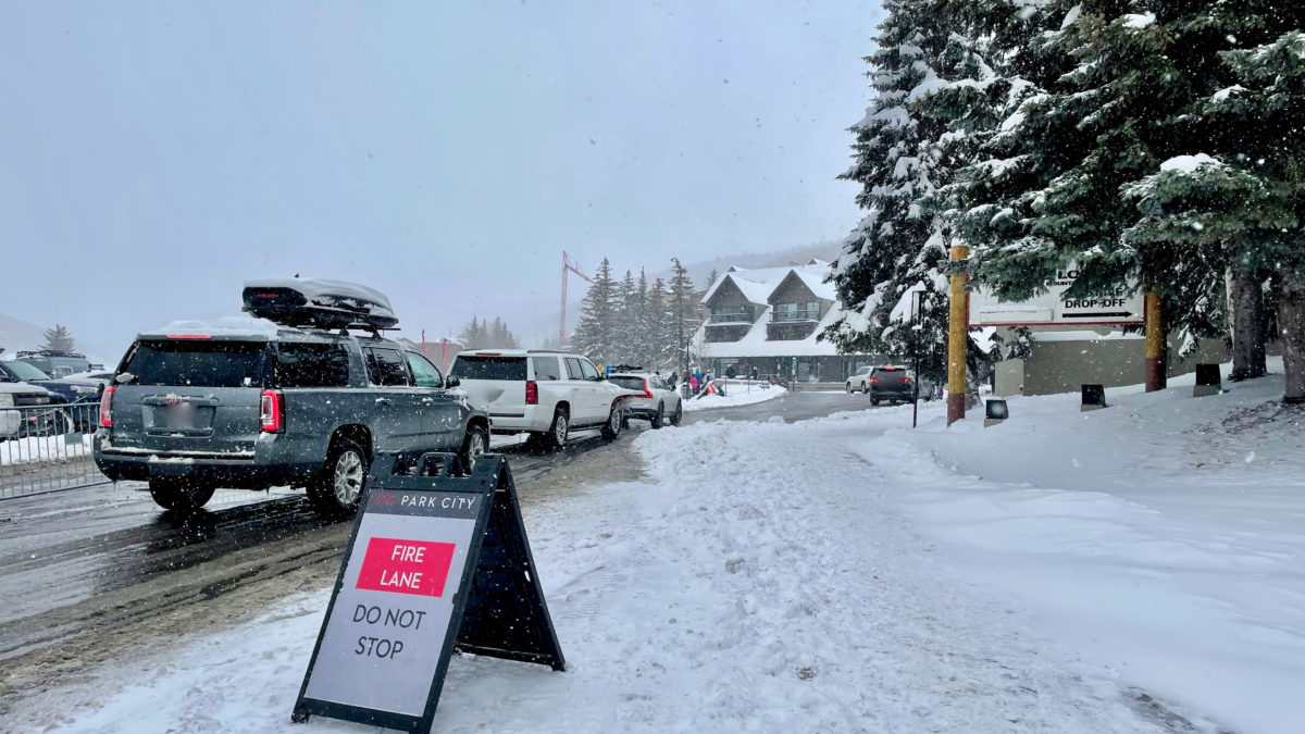 At the drop-off area of the Park City Mountain base.