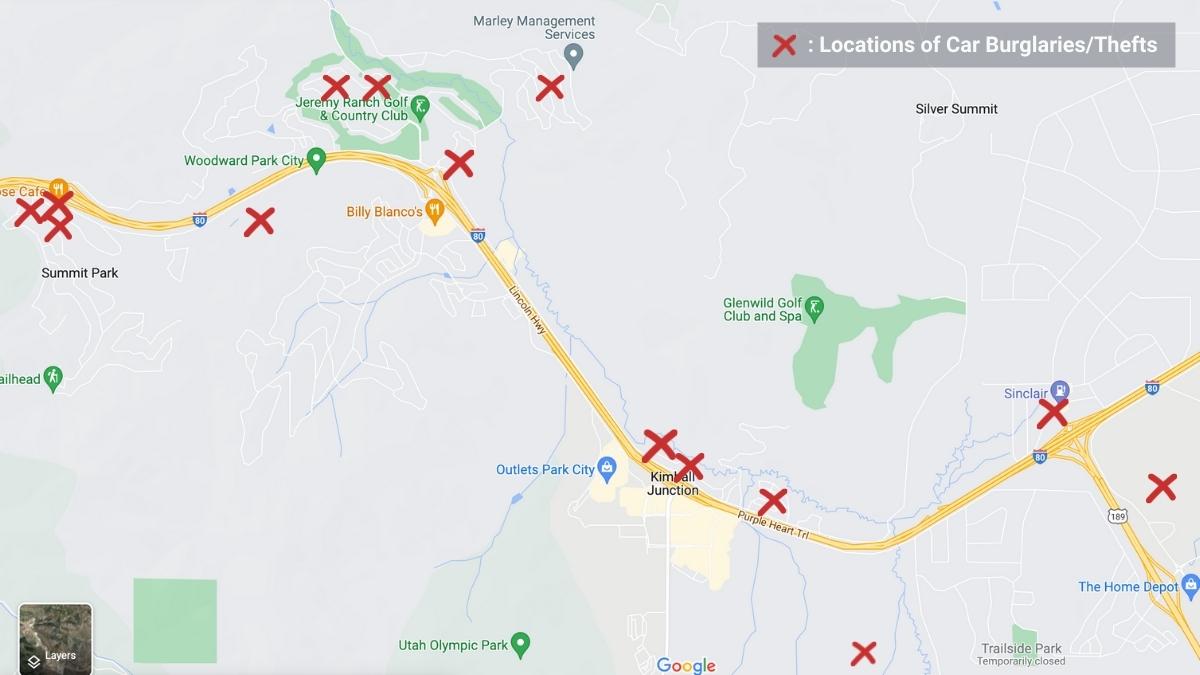 The x's in the image show the string of car burglaries/thefts in a 24-hour period on March 18 and 19.