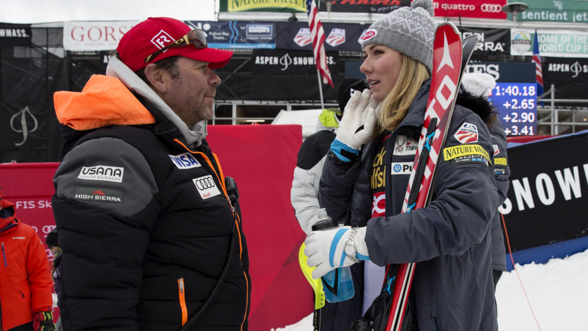 Patrick Riml talks with Mikaela Shiffrin at the 2015 Nature Valley Aspen Winternational