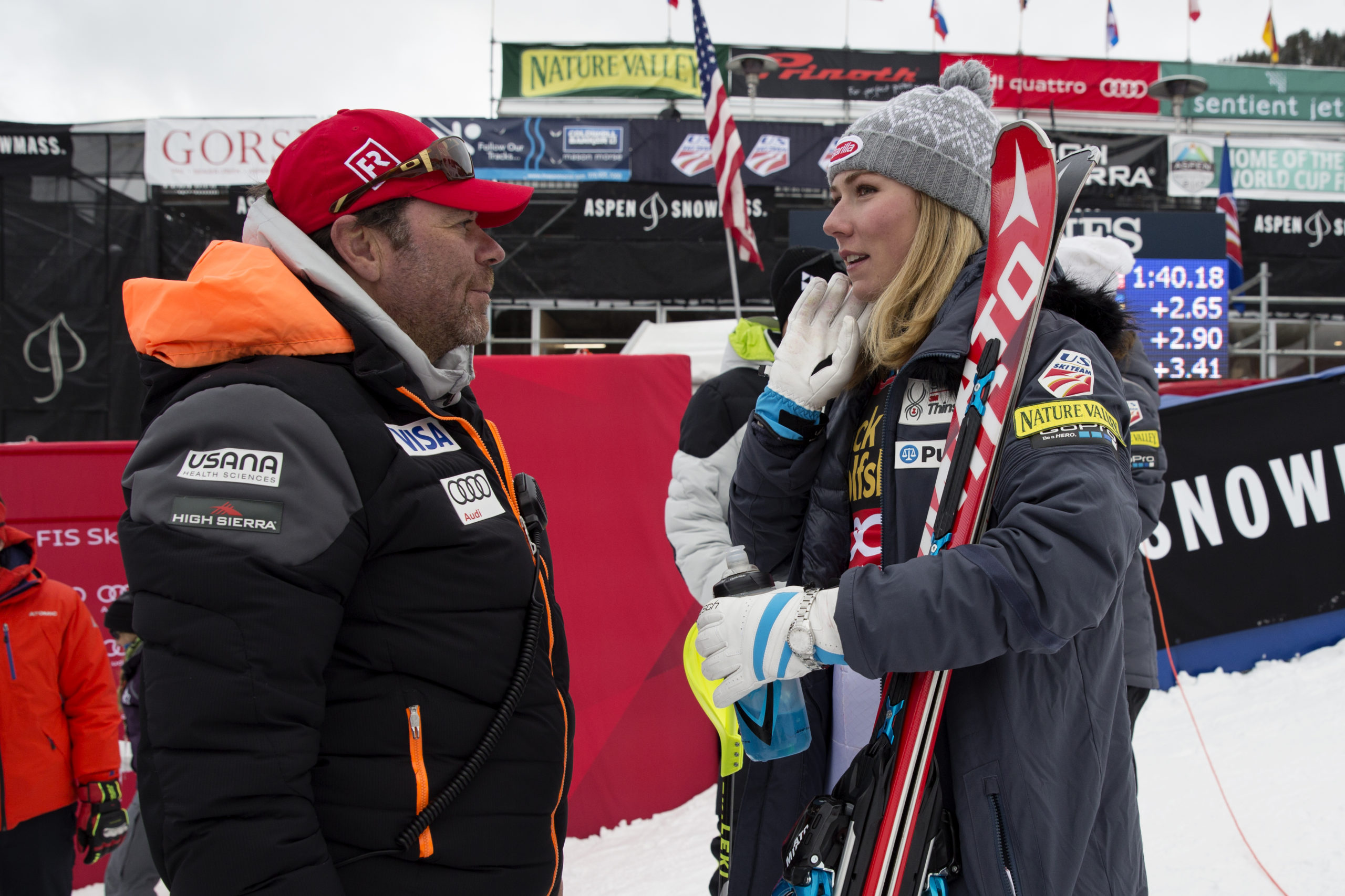 Patrick Riml talks with Mikaela Shiffrin at the 2015 Nature Valley Aspen Winternational