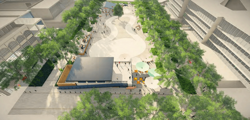 An artist's rendering of the planned plaza featuring the ice rink and ice ribbon.