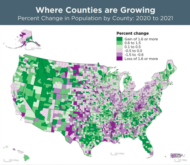 Illustration of population trends per U.S. county from July 1, 2020, to July 1, 2021.