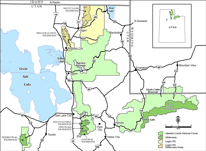 A district map of the Uinta-Wasatch-Cache National Forest.