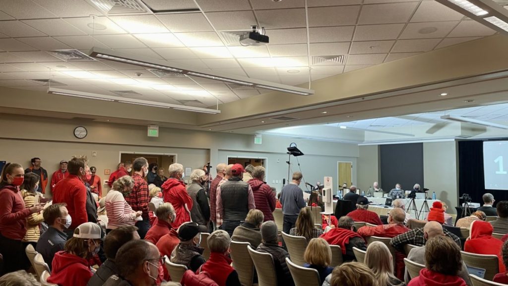 The line for public comment at the Dec. 1 Summit County Council meeting to discuss the Dakota Pacific project. Residents against the development dressed in red.