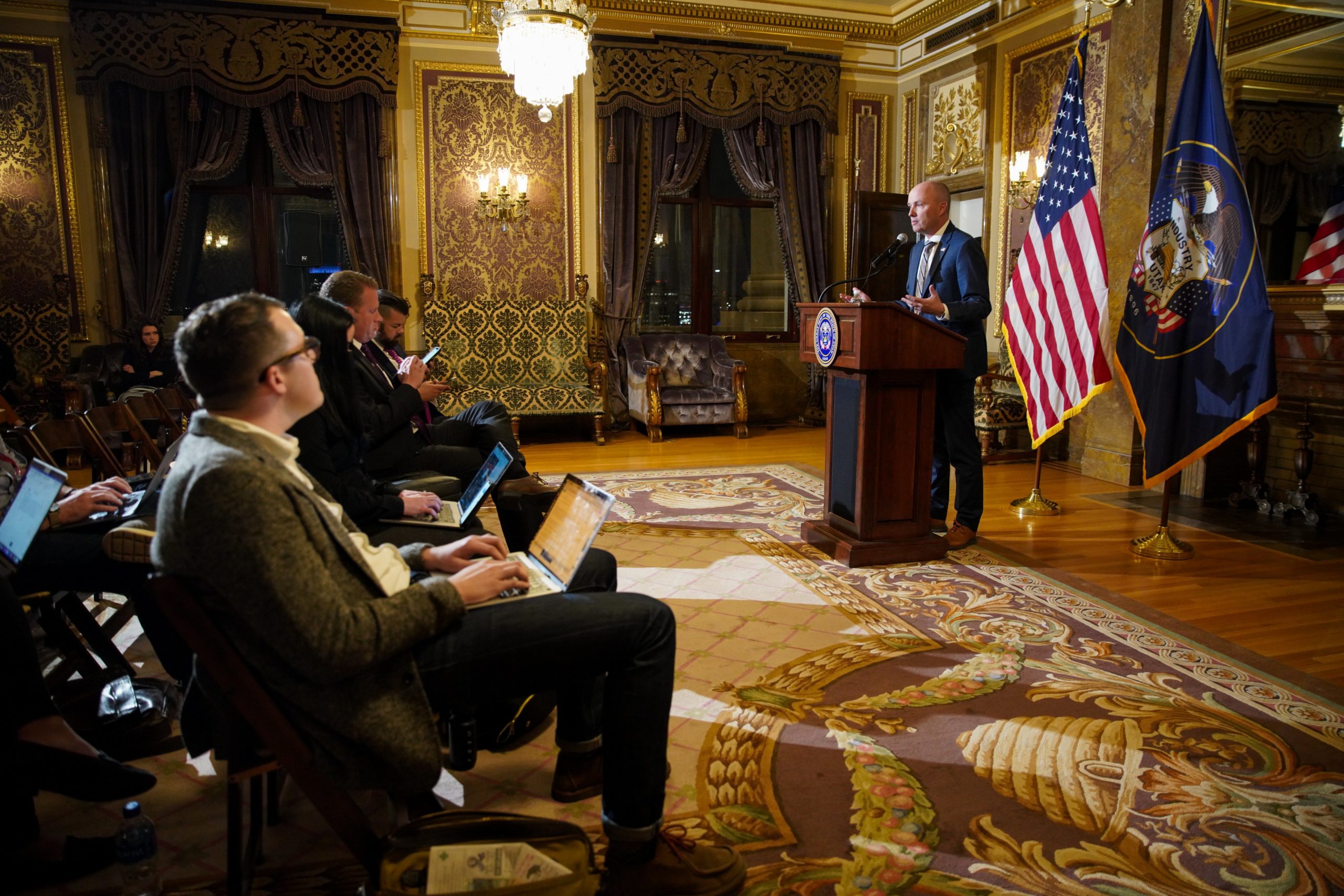 Utah Gov. Spencer Cox speaking with reporters.