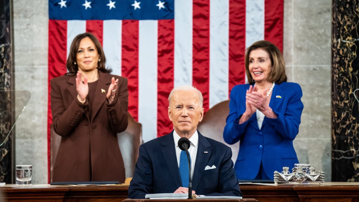 President Joe Biden flanked by Vice President Kamala Harris and Speaker Nancy Pelosi during the State of the Union address on Tuesday night.