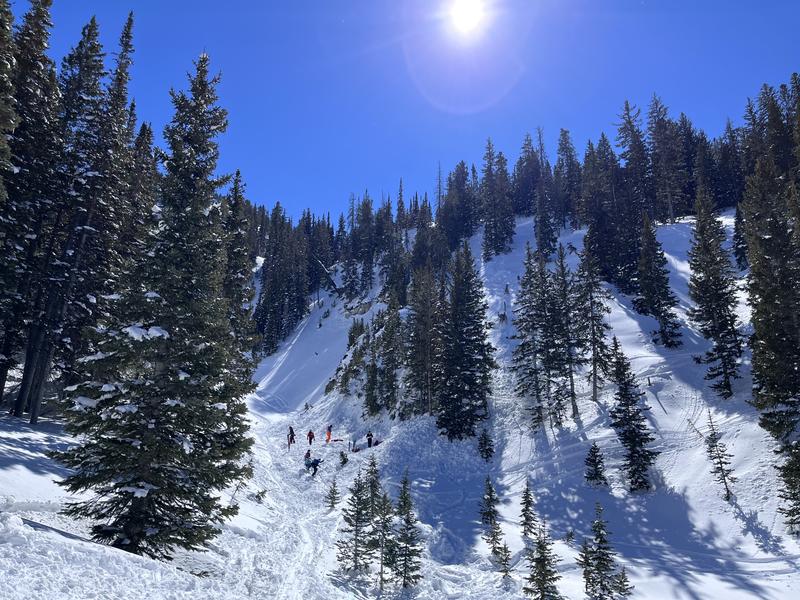 The aftermath of at 50 ft wide avalanche in the West Bowl of Silver Fork in March.