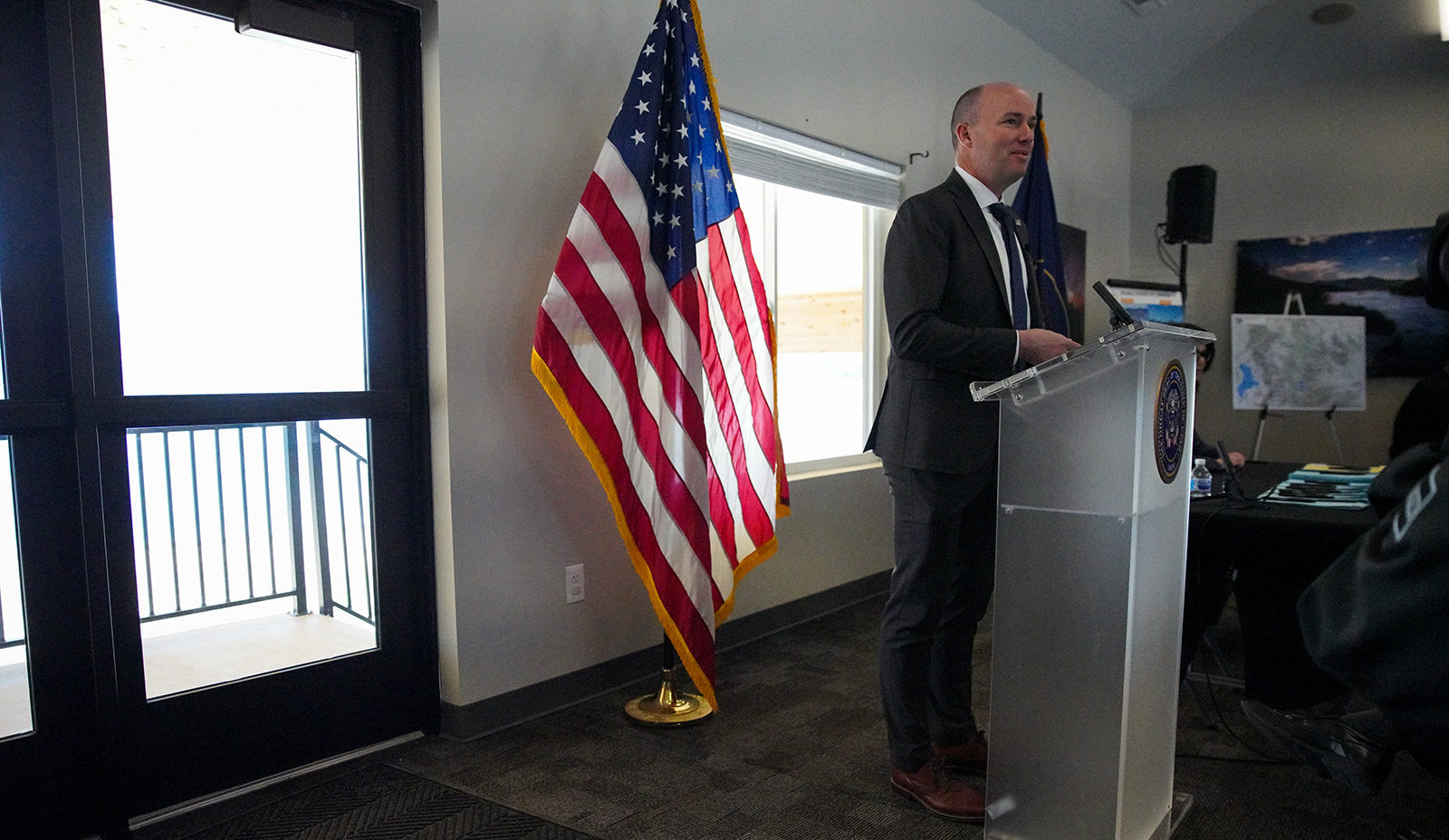 Gov. Spencer Cox speaks at a ceremonial signing for water-related bills at Jordanelle State Park on Monday.