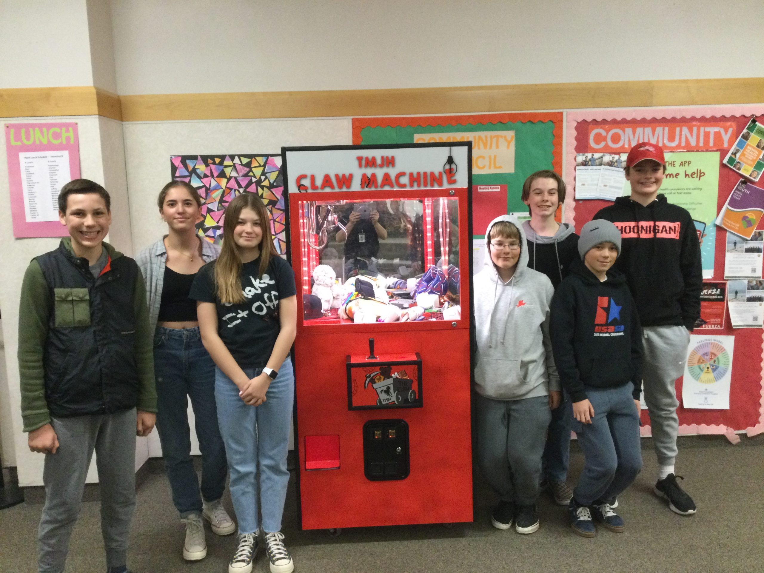 Treasure Mountain Jr. High School students built a Claw Machine for the school. (Partial picture, out of order): Construction Team: Lucas Baldwin, Guillermo Barrett, Finnegan Evans, and Lincoln Larson. Art Team: Kate Morgan, Reese Laasko, Kyler Collier, and Amelie Peay.