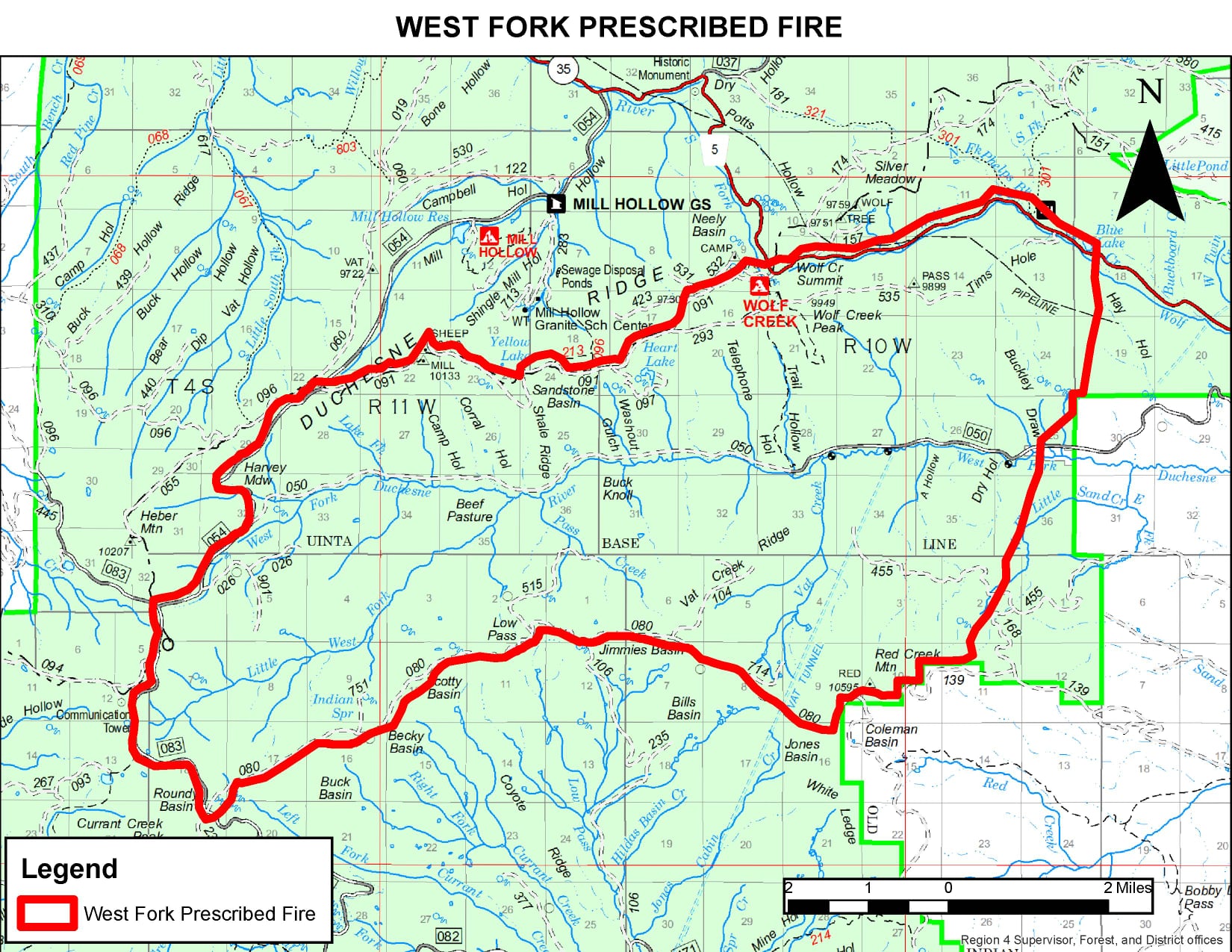 The West Fork prescribed fire is located 10 miles east of Heber between Duchesne Ridge Rd on the north side and Red Mountain Rd on the south side.