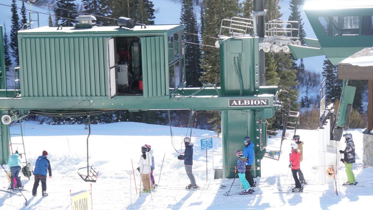 Skiers in line for the Albion lift in December 2017.