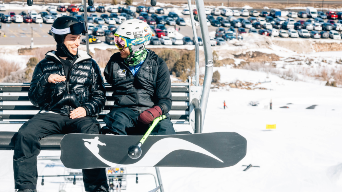 Shaun White and Zach Sherman on the chairlift at Woodward Park City.