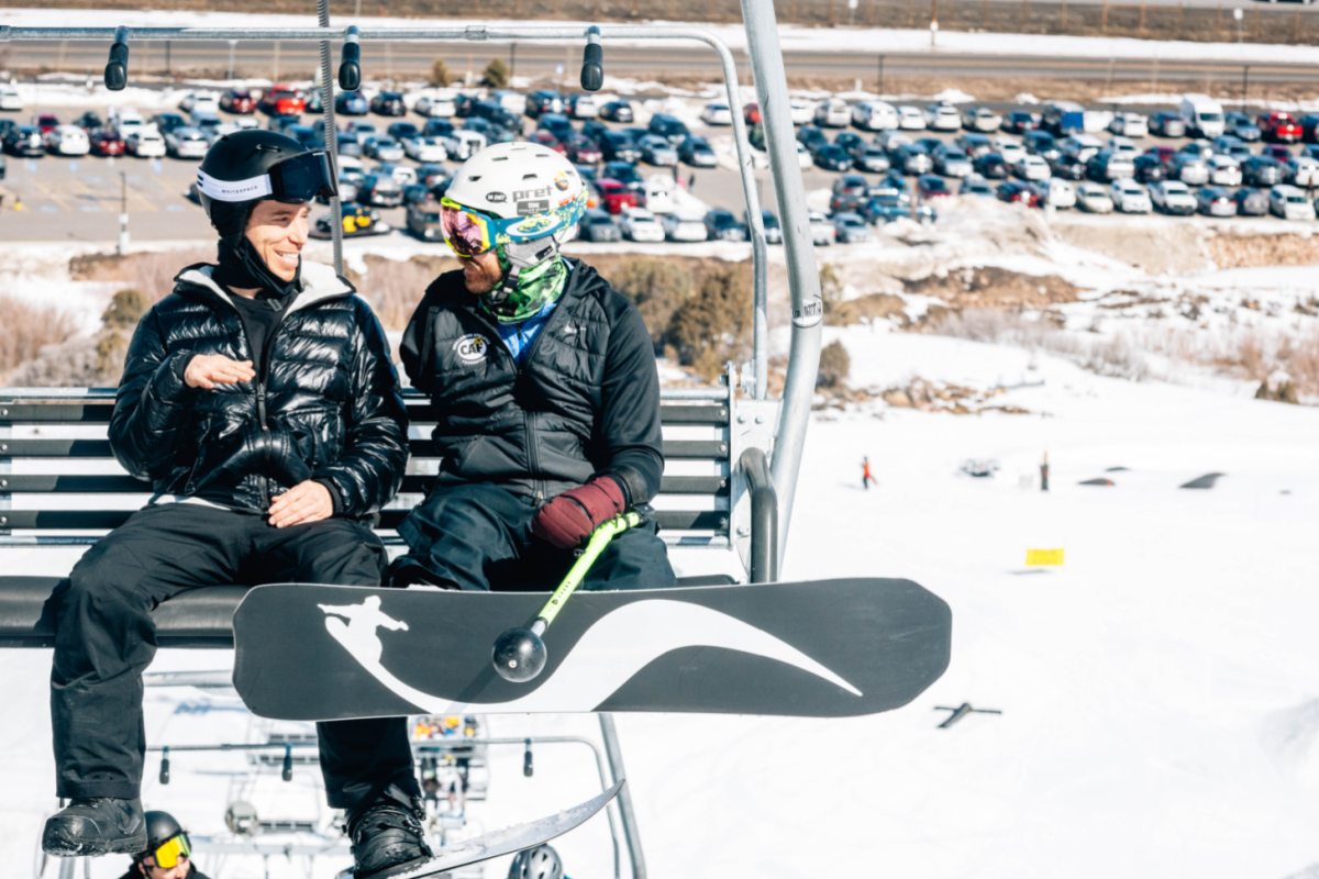 Shaun White and Zach Sherman on the chairlift at Woodward Park City.