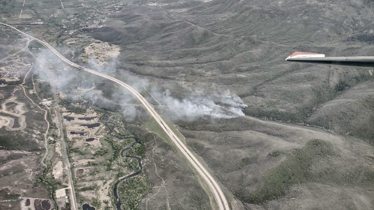 An aerial view of the Flat Line Fire near US-40 on Sunday evening.