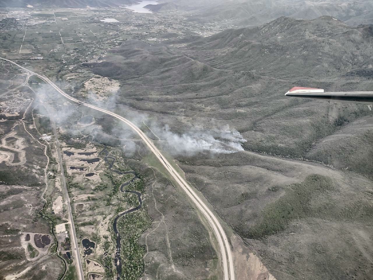 An aerial view of the Flat Line Fire near US-40 on Sunday evening.