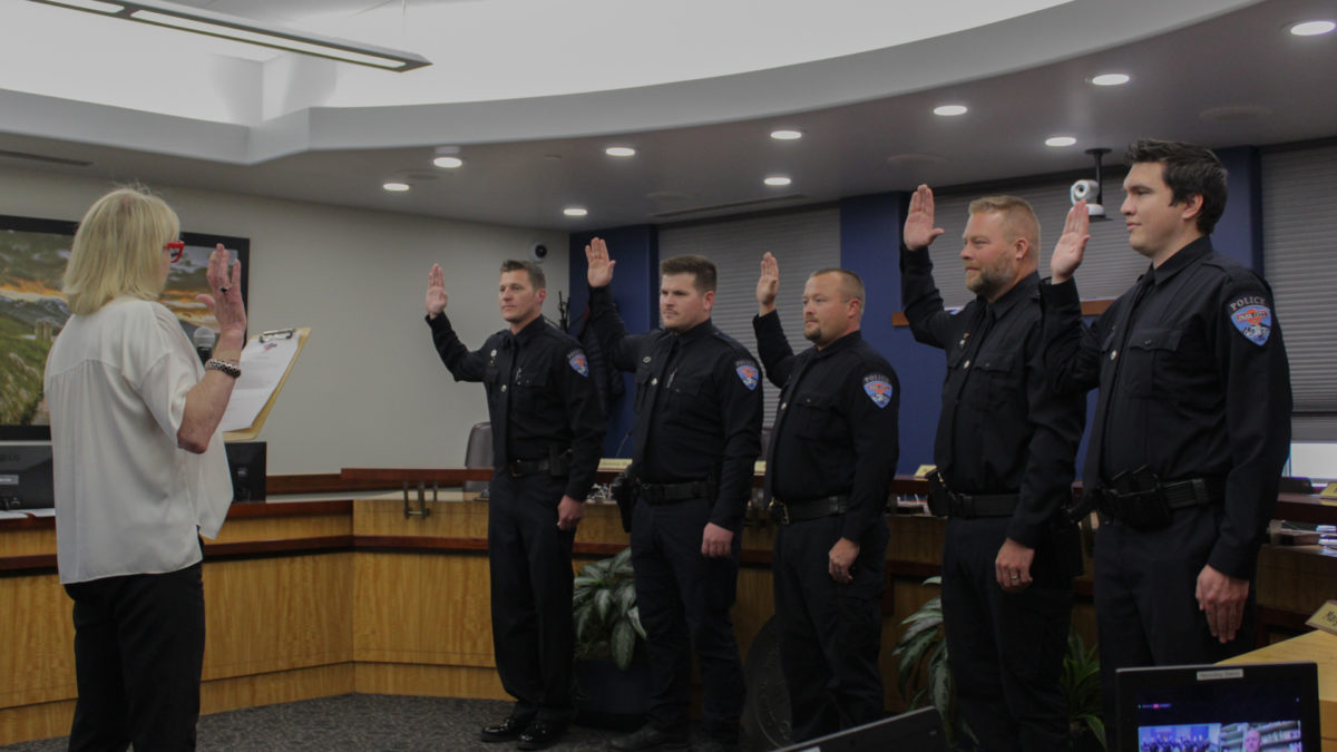 Park City Mayor Nann Worel swears in the newest members of the Park City Police Department.