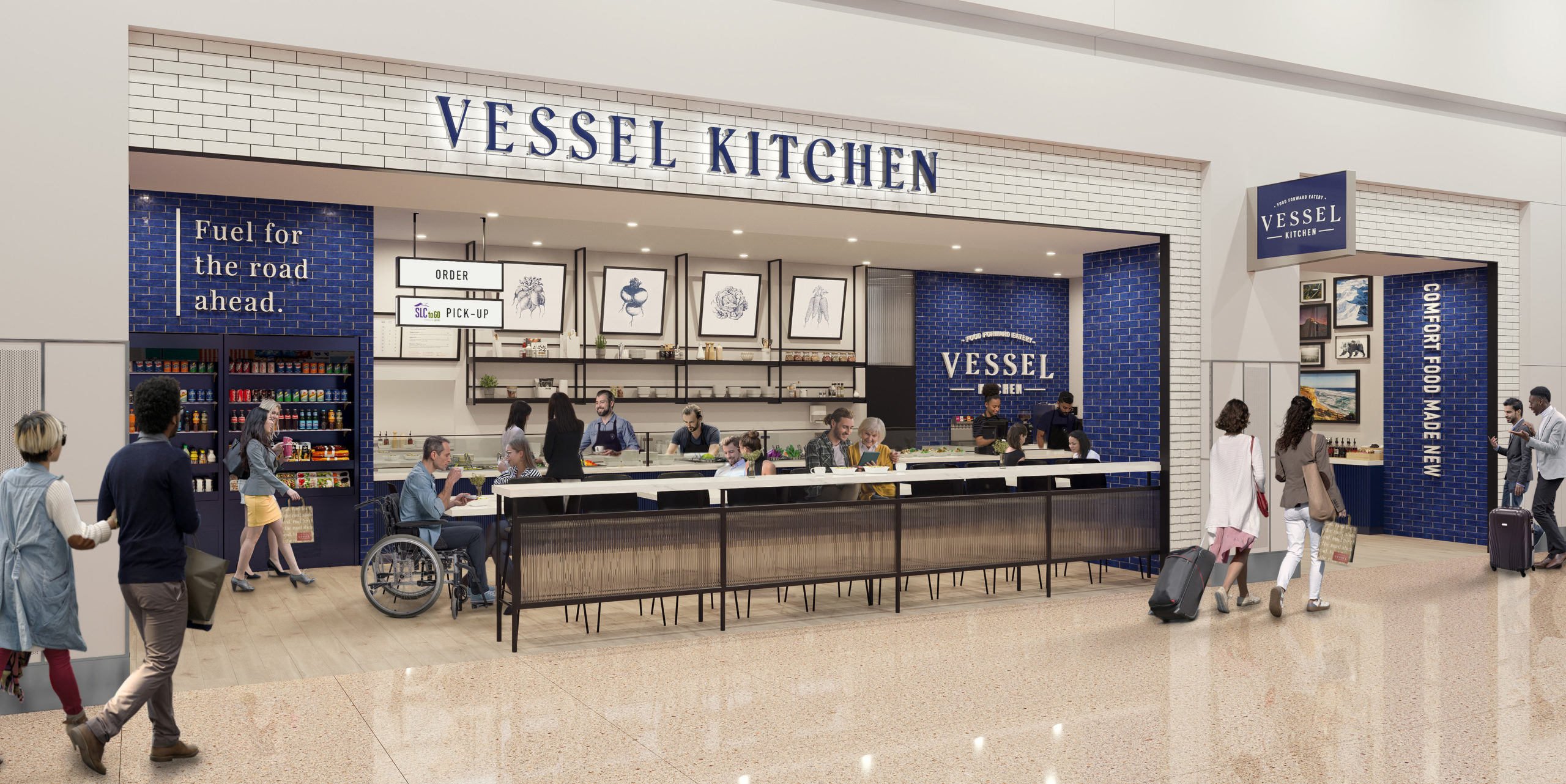 A rendering of the Vessel Kitchen space.