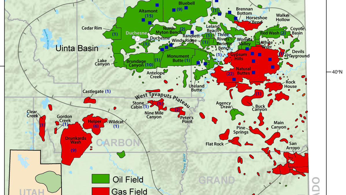 A 2018 map of the Uinta Basin of eastern Utah showing oil and gas fields.