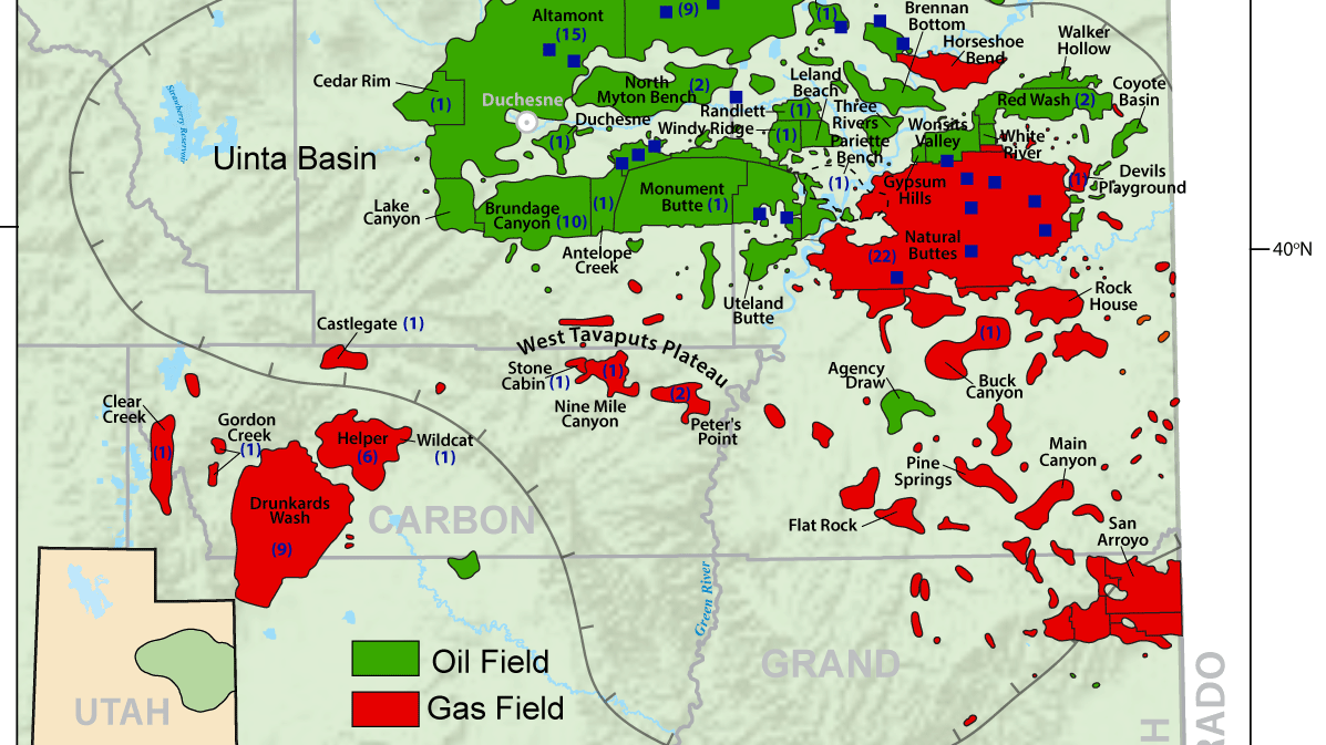 A 2018 map of the Uinta Basin of eastern Utah showing oil and gas fields.