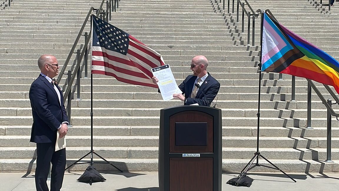 Utah Sen. Derek Kitchen speaks during a news conference at the Utah State Capitol on Tuesday.