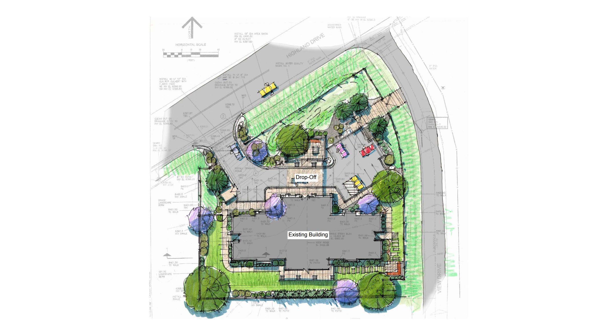 A drawing of the facility, located at the intersection of Highland Dr and View Dr.