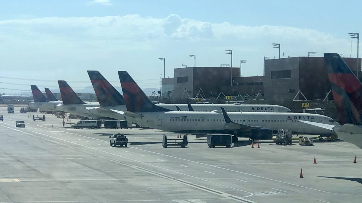 Gated Delta Airlines airplanes at Salt Lake City International Airport.