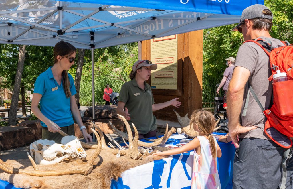Tori Bird, Hogle Zoo, talks to a family about moose safety